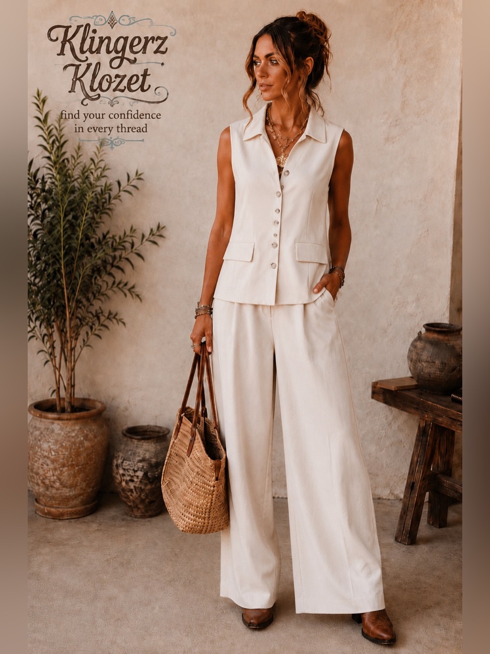 NWT Cato Ivory Quiet Luxury Vest & Wide Leg Pant Suit Set Size Large